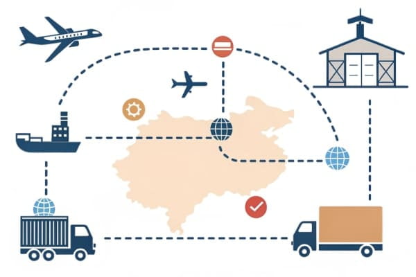 A flowchart showing the steps of air freight from China to Germany