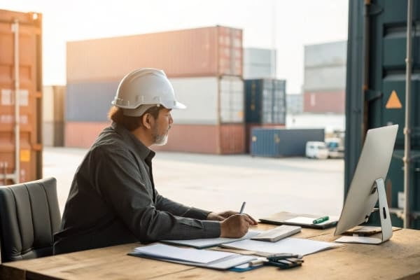 A freight forwarder coordinating shipments on a computer