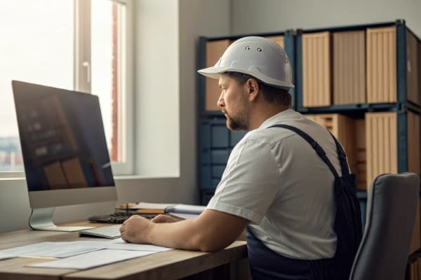 A freight forwarder managing logistics on a computer