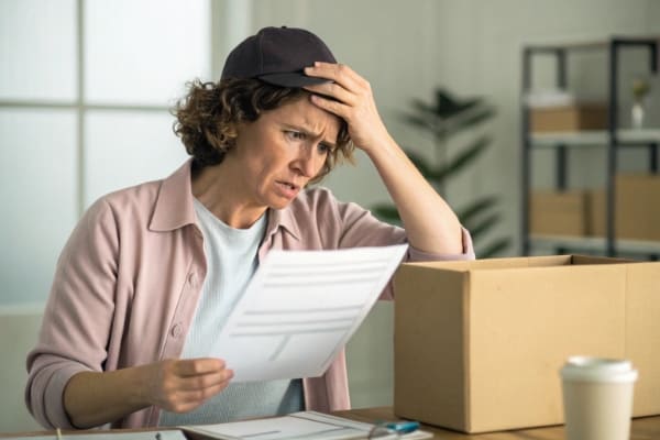 A frustrated person looking at an unexpected shipping invoice