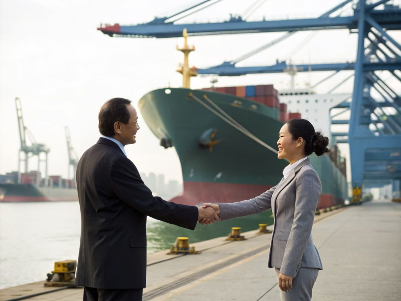 A handshake in front of a cargo ship, representing a reliable partnership