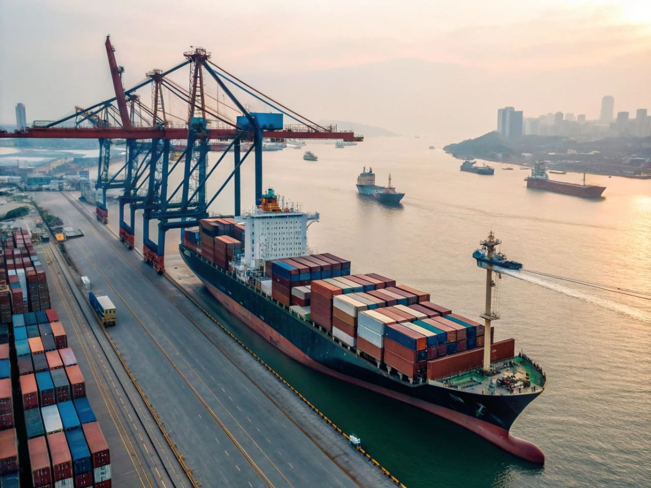 A large cargo ship being loaded with containers at a port