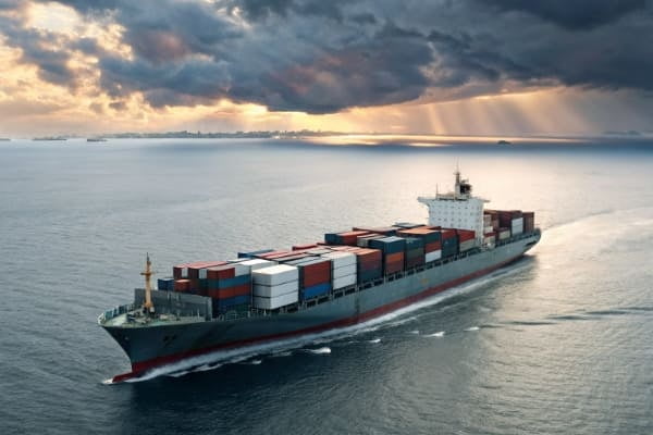 A large cargo ship sailing on the ocean with containers, representing sea freight from China to Australia