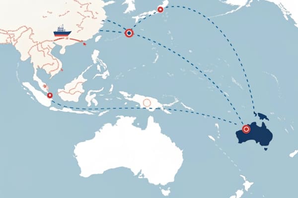A map showing a shipping route from China to Australia with two offices highlighted