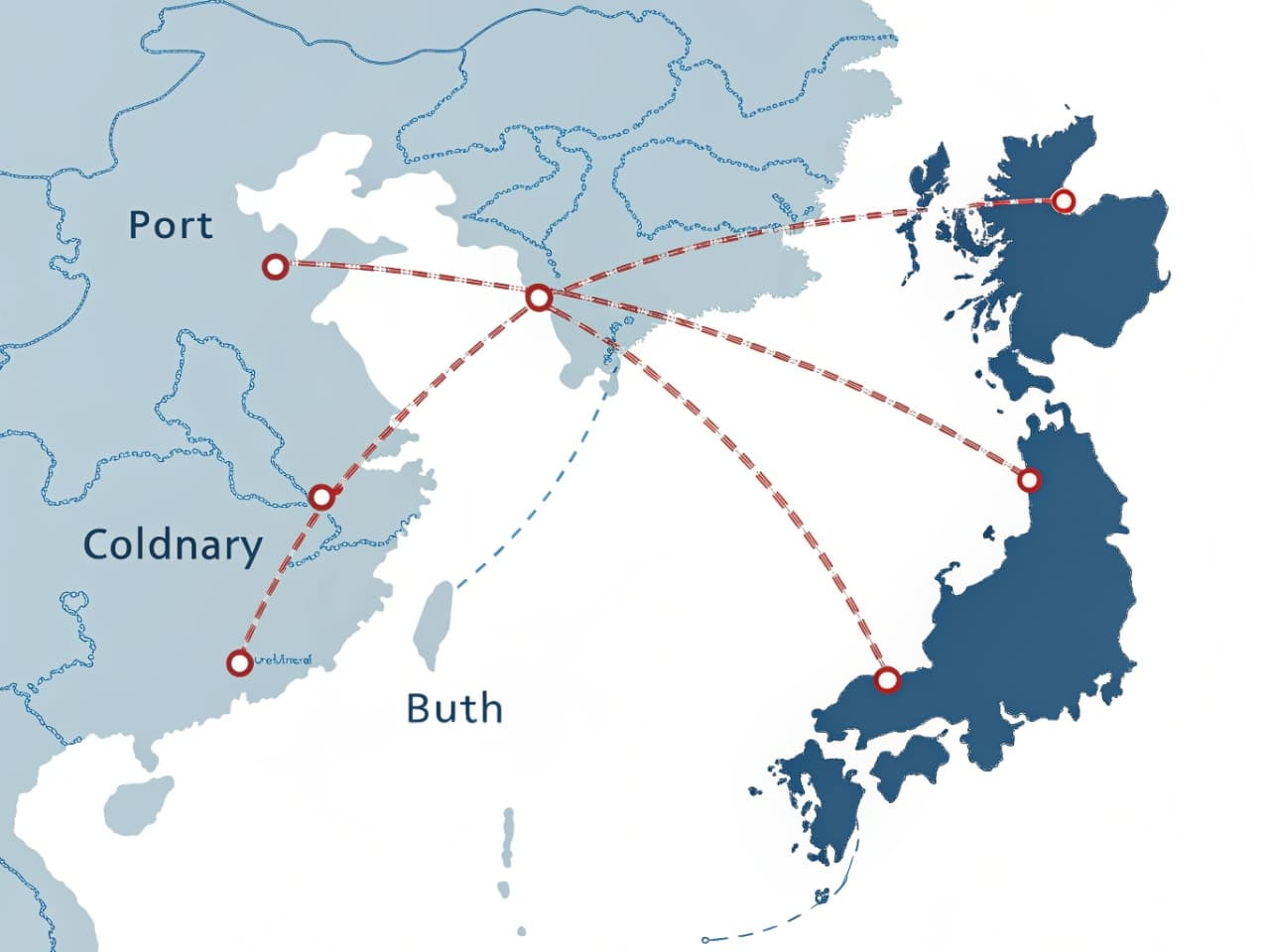 A map showing shipping routes from China to the UK and major ports