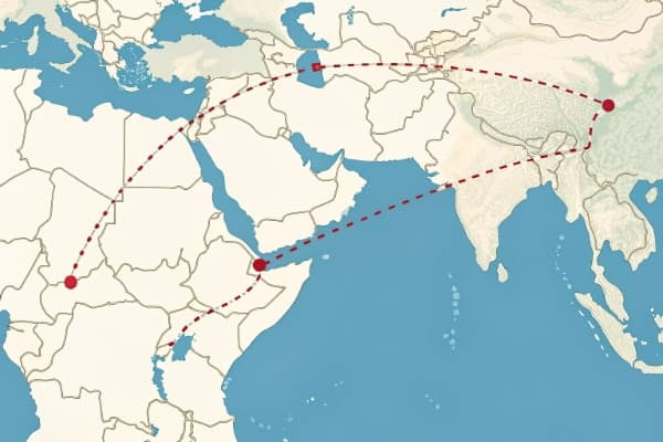 A map showing the shipping route from China to Qatar