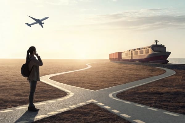 A person at a crossroads choosing between air, sea, and rail shipping