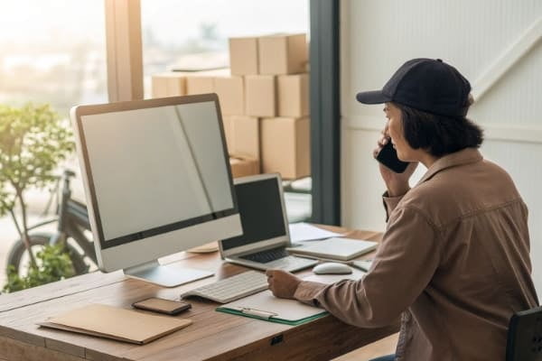 A person at a desk coordinating logistics on a computer