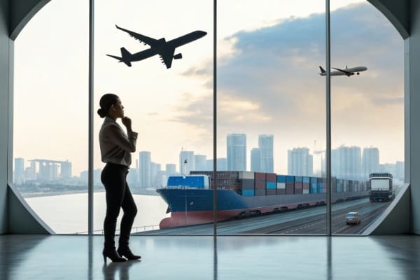 A person comparing sea, air, and rail freight options