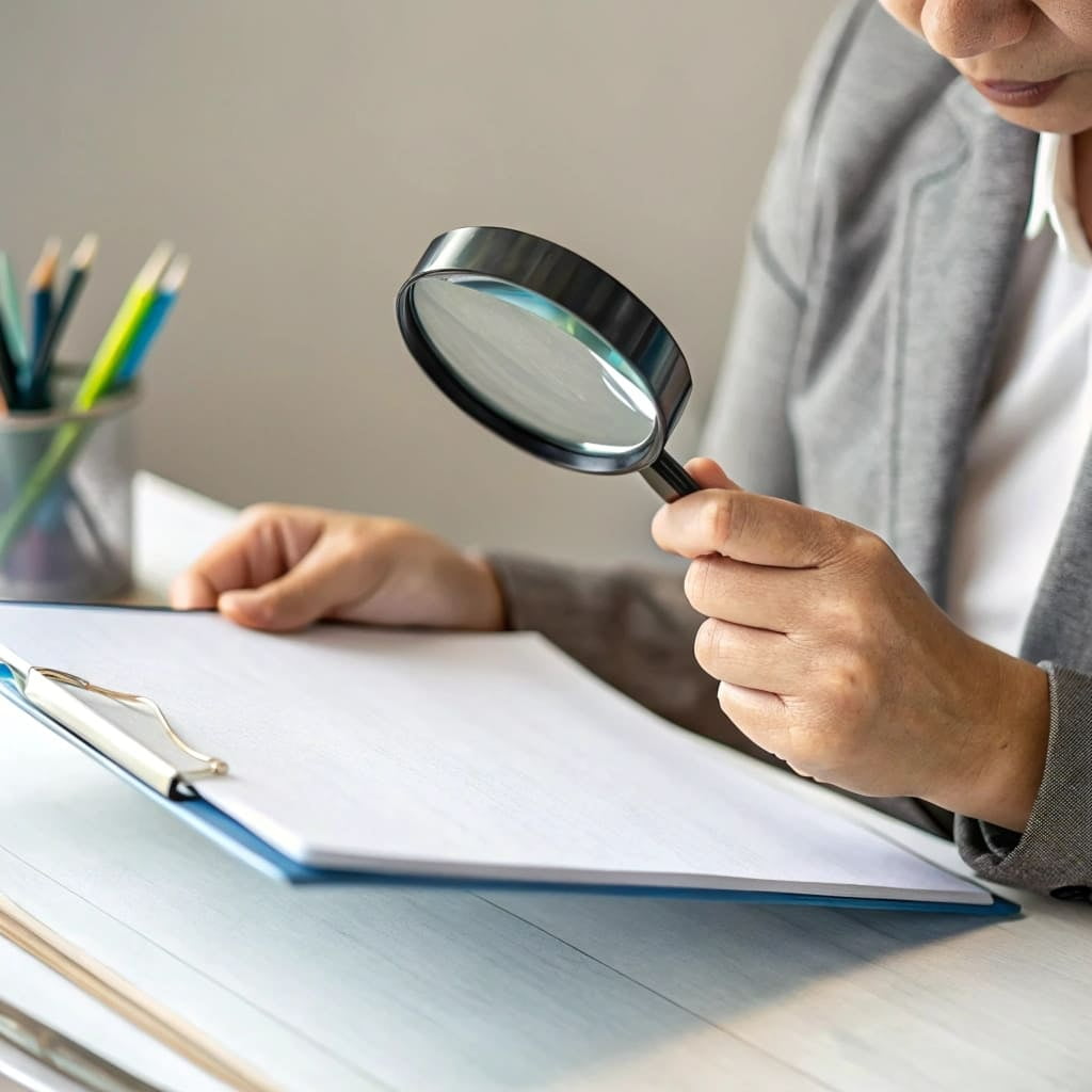 A person inspecting a business license with a magnifying glass