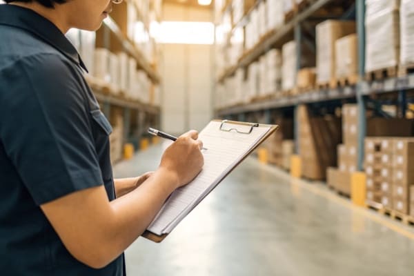 A person inspecting shipping documents with a checklist