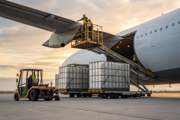 A plane being loaded with cargo containers