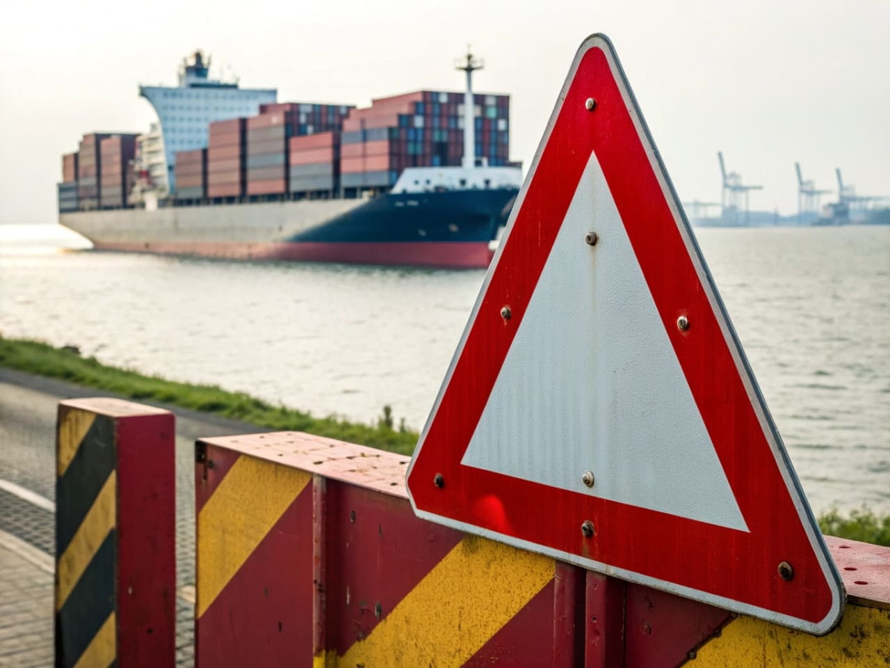 A red warning sign in front of a container ship