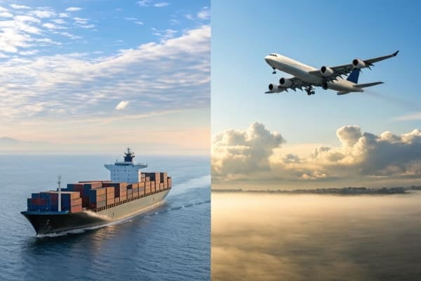 A split image showing a cargo ship on one side and a cargo plane on the other
