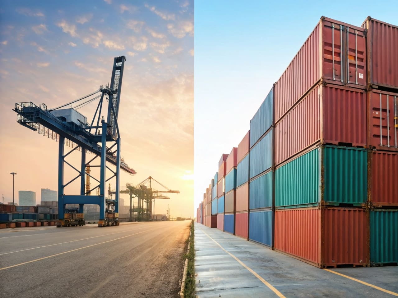 A split image showing a full container (FCL) and a shared container with multiple boxes (LCL)