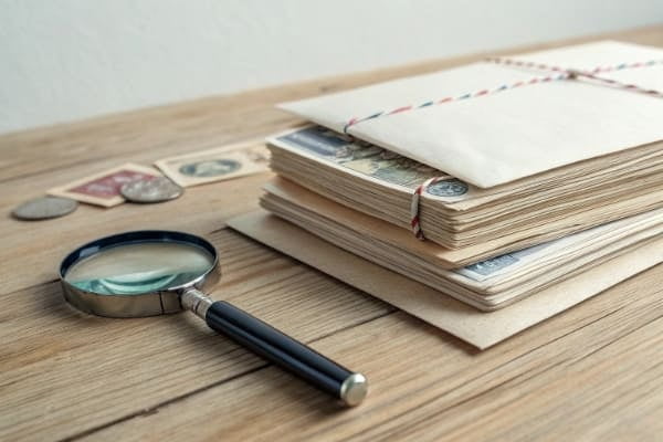 A stack of customs documents with a magnifying glass