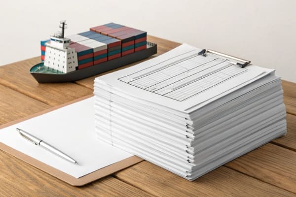 A stack of shipping documents like a commercial invoice and bill of lading