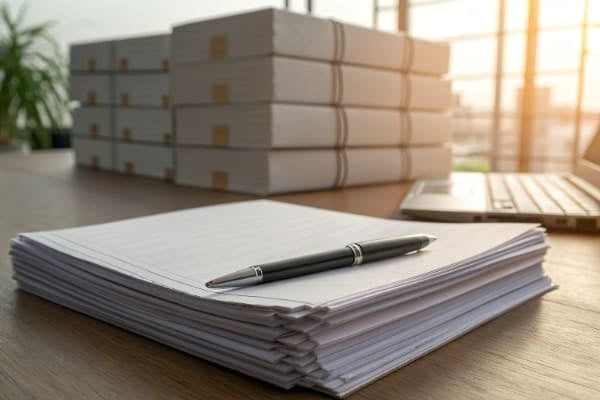 A stack of shipping documents with a pen