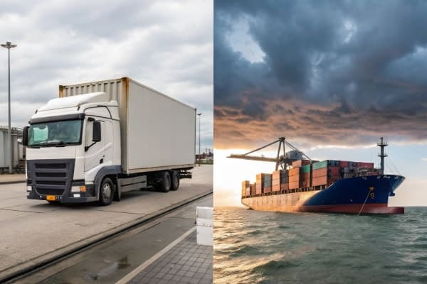 A truck delivering a package to a door vs a ship at a port