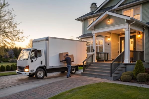A truck delivering a package to a door