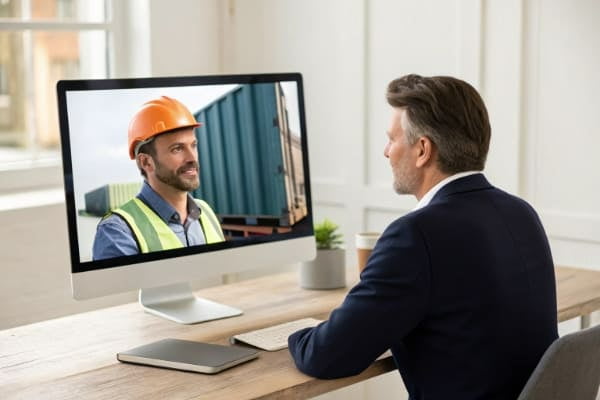 A business owner on a video call asking questions to a freight forwarder