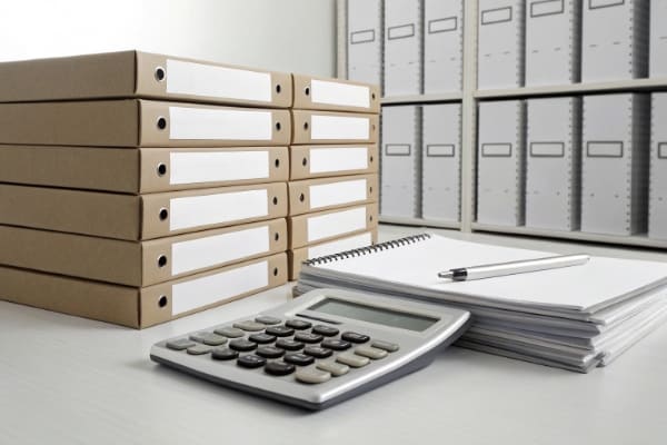 A calculator and shipping documents on a desk