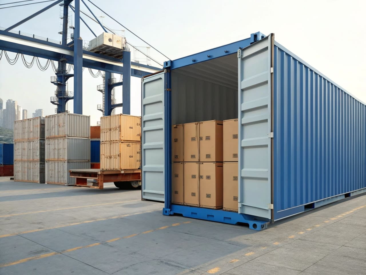 A full container (FCL) next to a shared container with boxes from different shippers (LCL)
