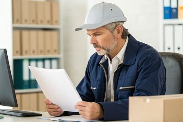A logistics manager reviewing shipping documents and certifications