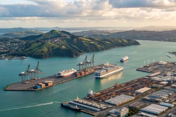 Aerial view of a major New Zealand port like Auckland or Tauranga