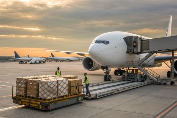 Air freight cargo plane being loaded with packages for shipment from China to Germany
