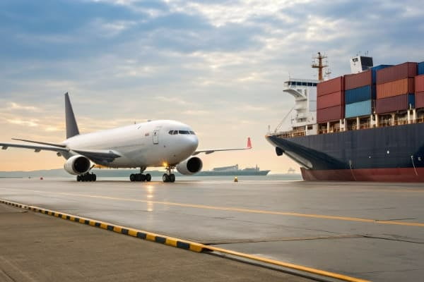 Air freight plane and sea freight cargo ship side-by-side