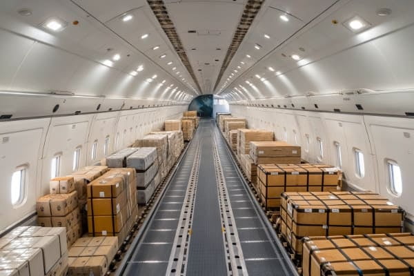 Airplane cargo hold with packages for shipping to Canada