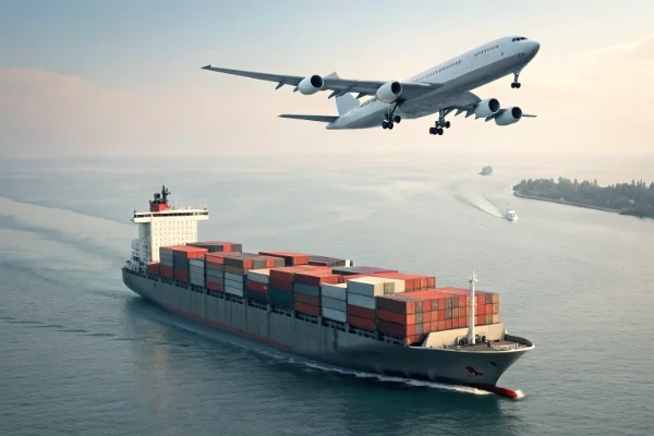 A cargo ship and a plane representing freight from China to Canada
