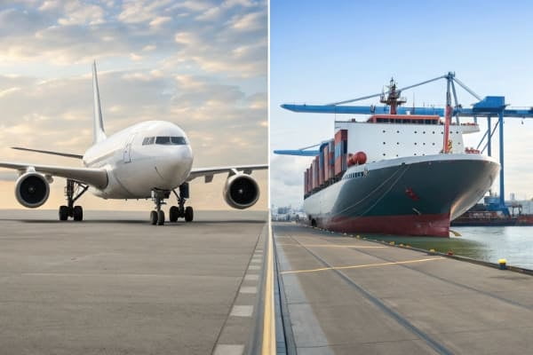 An airplane and a cargo ship side-by-side to compare air and sea freight