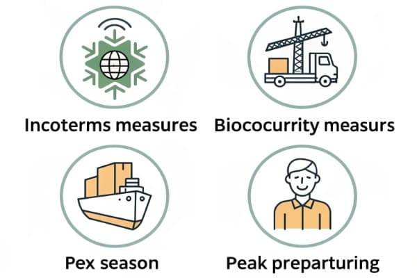 An icon-based graphic highlighting key shipping tips like Incoterms, biosecurity, and peak season