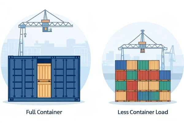 An illustration showing the difference between FCL and LCL shipping containers