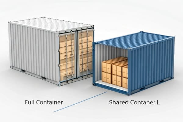 An image comparing a full container (FCL) and a shared container (LCL)