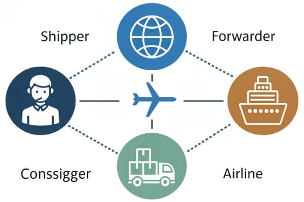 An infographic showing the roles of the shipper, forwarder, airline, and consignee