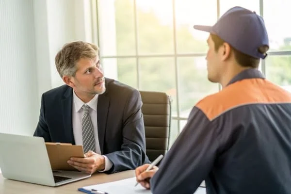 A business person asking questions to a freight forwarder across a desk