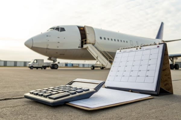 Calculator and a calendar next to a cargo plane