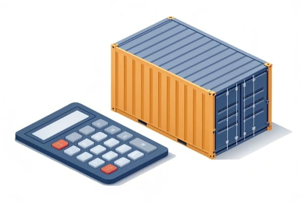 Calculator and shipping container representing shipping costs