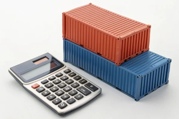 A calculator and shipping containers to represent freight costs
