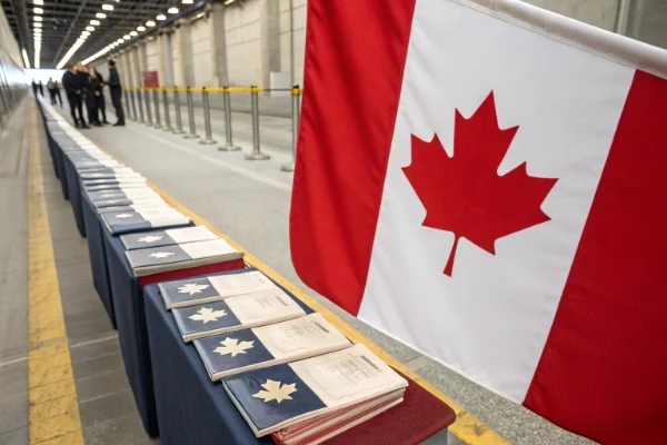 Customs documents and a Canadian flag