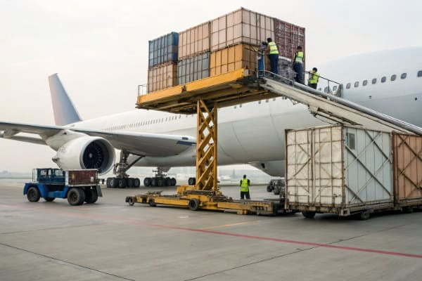 Cargo containers being loaded onto an airplane at a Chinese airport