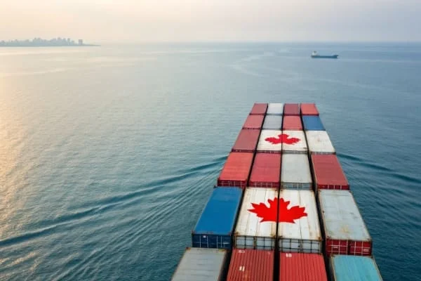 A container ship with Canadian and Chinese flags sailing on the ocean