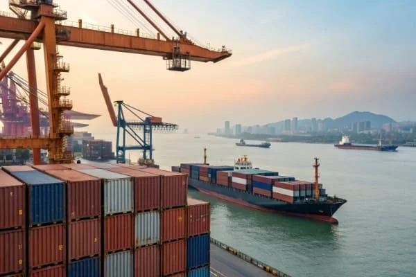 Shipping containers being loaded from China to Germany