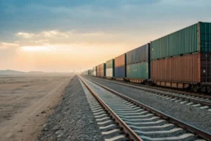 A freight train carrying stacked containers through a desert environment during sunrise, illustrating global supply chain logistics.