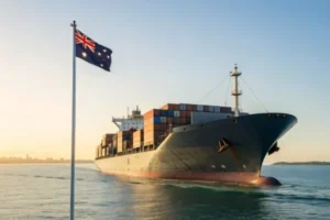 Container ship on the ocean with stacked cargo containers, sailing past an Australian flag at sunset.