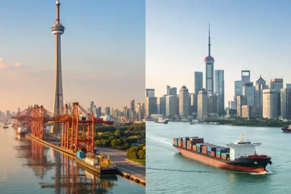 A split image showing a Chinese port and a Canadian city skyline