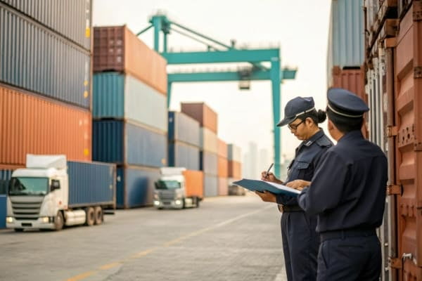Customs officers inspecting cargo at Hamad Port in Qatar